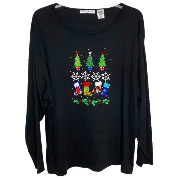 Rebecca Malone Sweaters - Rebecca Malone Womens Beaded and Appliqued Black Christmas Sweater Size 1X